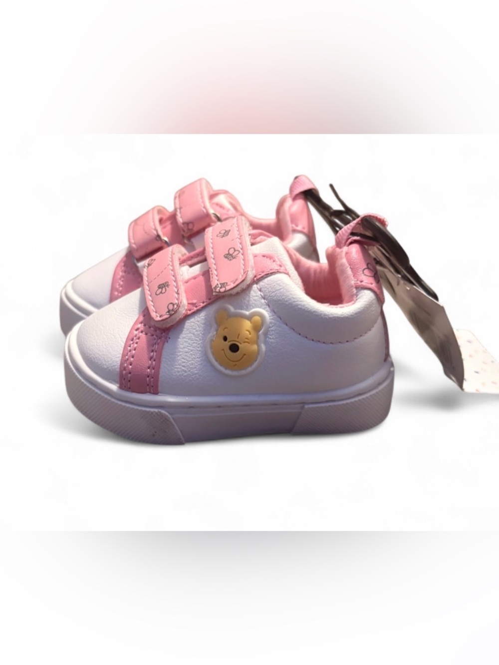 Kids White and Pink Velcro Sneakers with Bear Accent